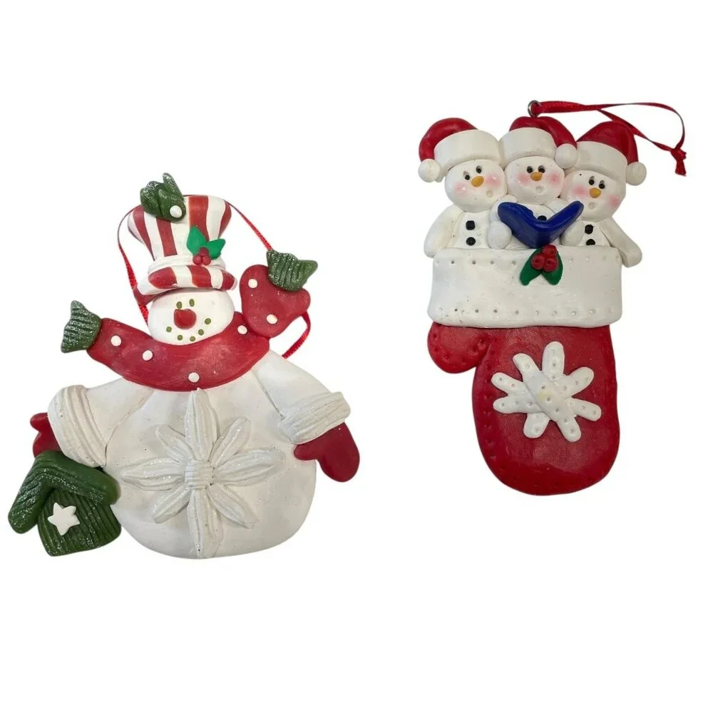 Vintage Clay Christmas Ornaments Snowman Reindeer Trio Stocking Heart‎